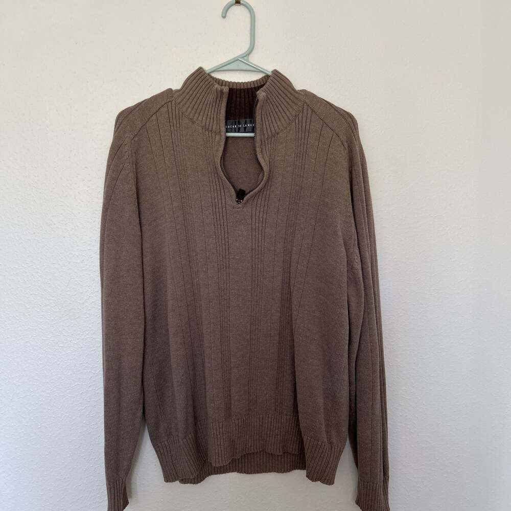 Oscar de la Renta Men's Brown 1/4 Zip Ribbed Pullover Sweater